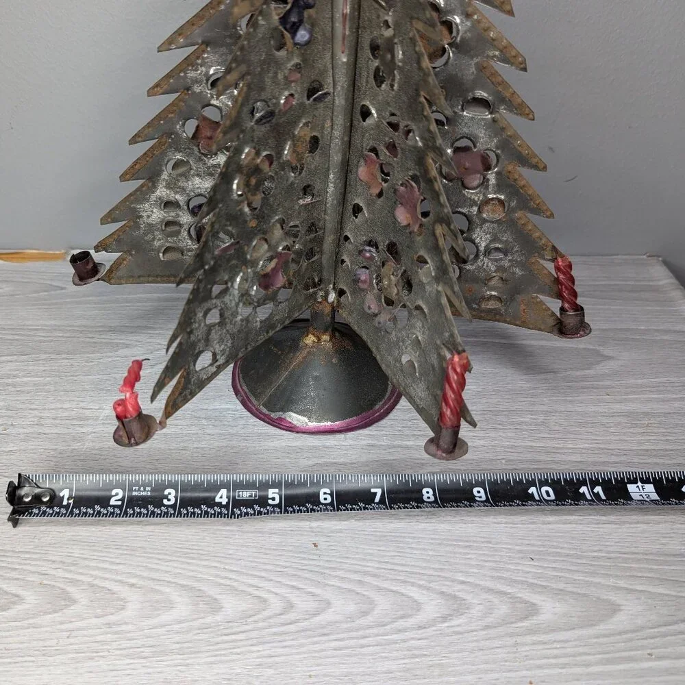 Vintage Primitive Folk Art Metal Christmas Tree Candle Holder with Red Star 12
